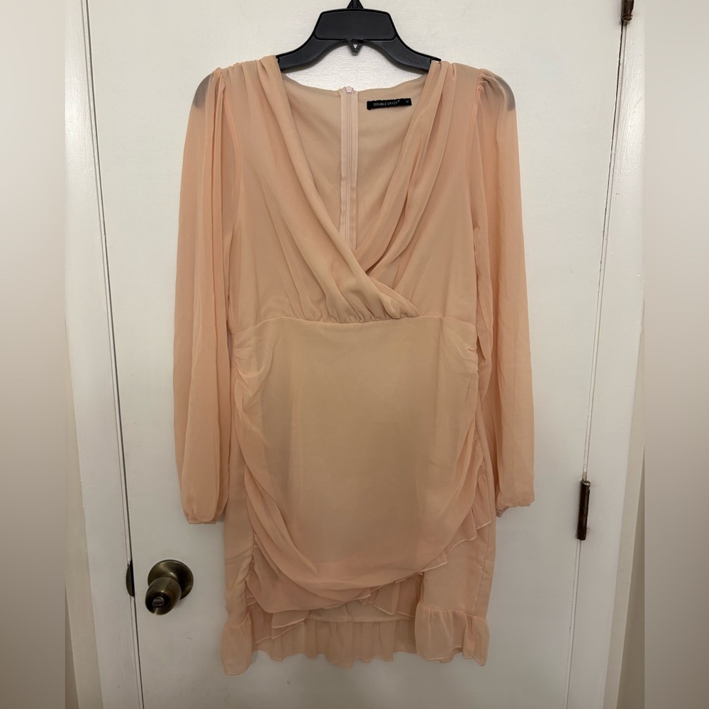 Double Crazy Peach Ruched Chiffon Mini Dress Coquette Romantic Sheer Sleeve M